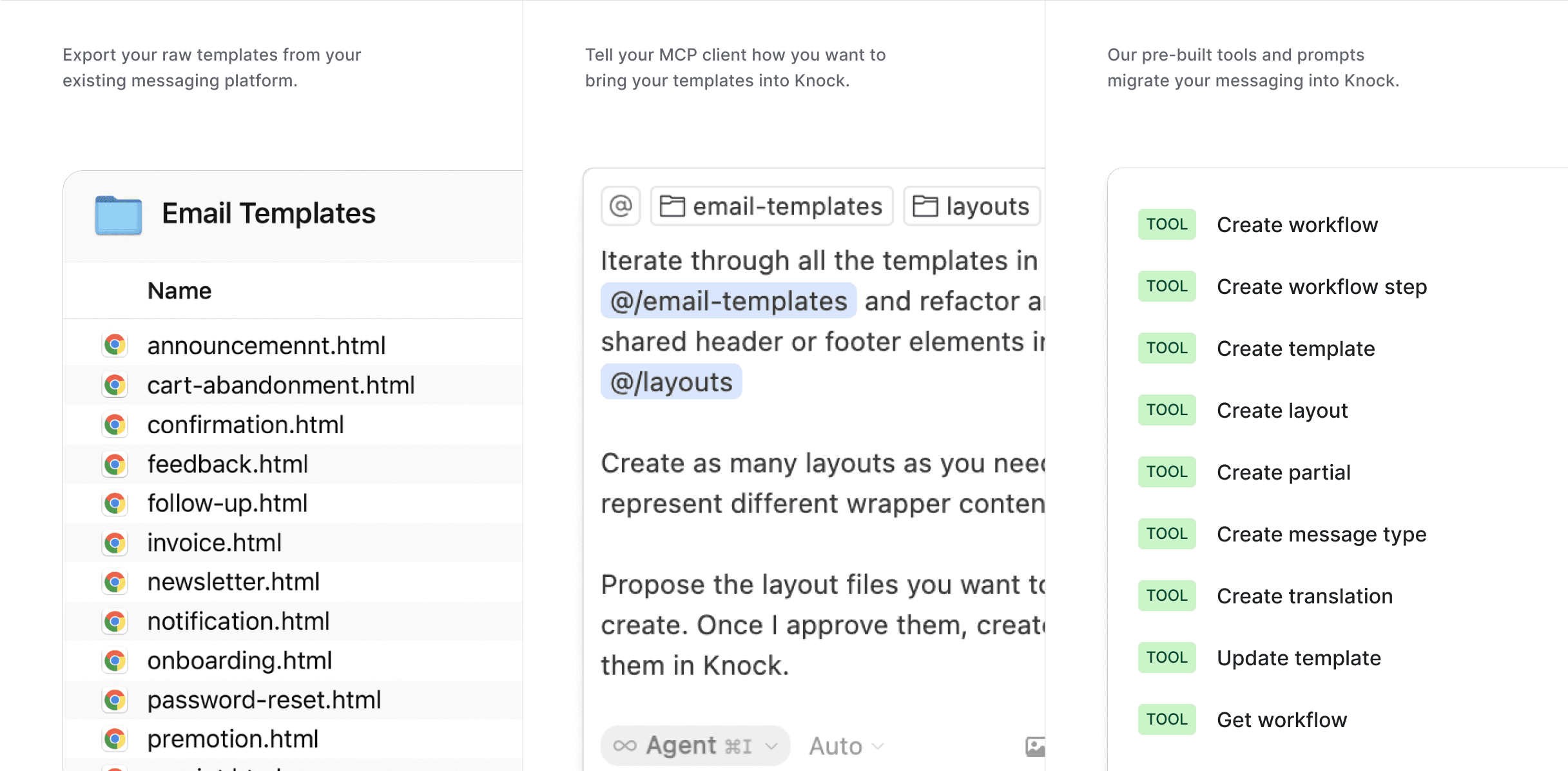 Automate your migration with our MCP server and move to Knock in days.