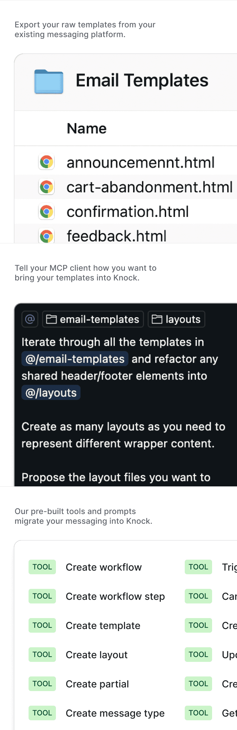 Automate your migration with our MCP server and move to Knock in days.